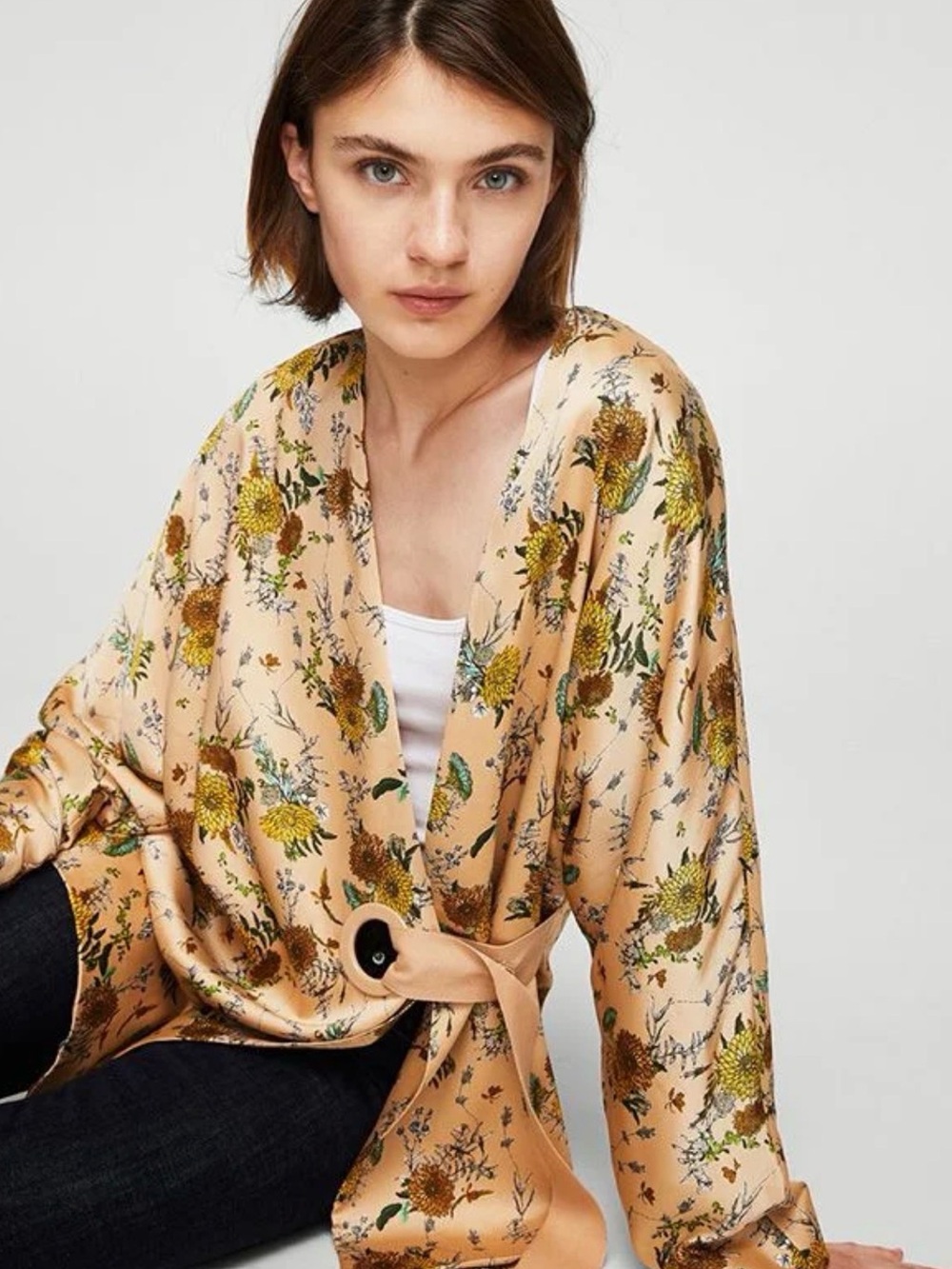 Mango Floral Satin Wrap Blouse in Peach and Yellow